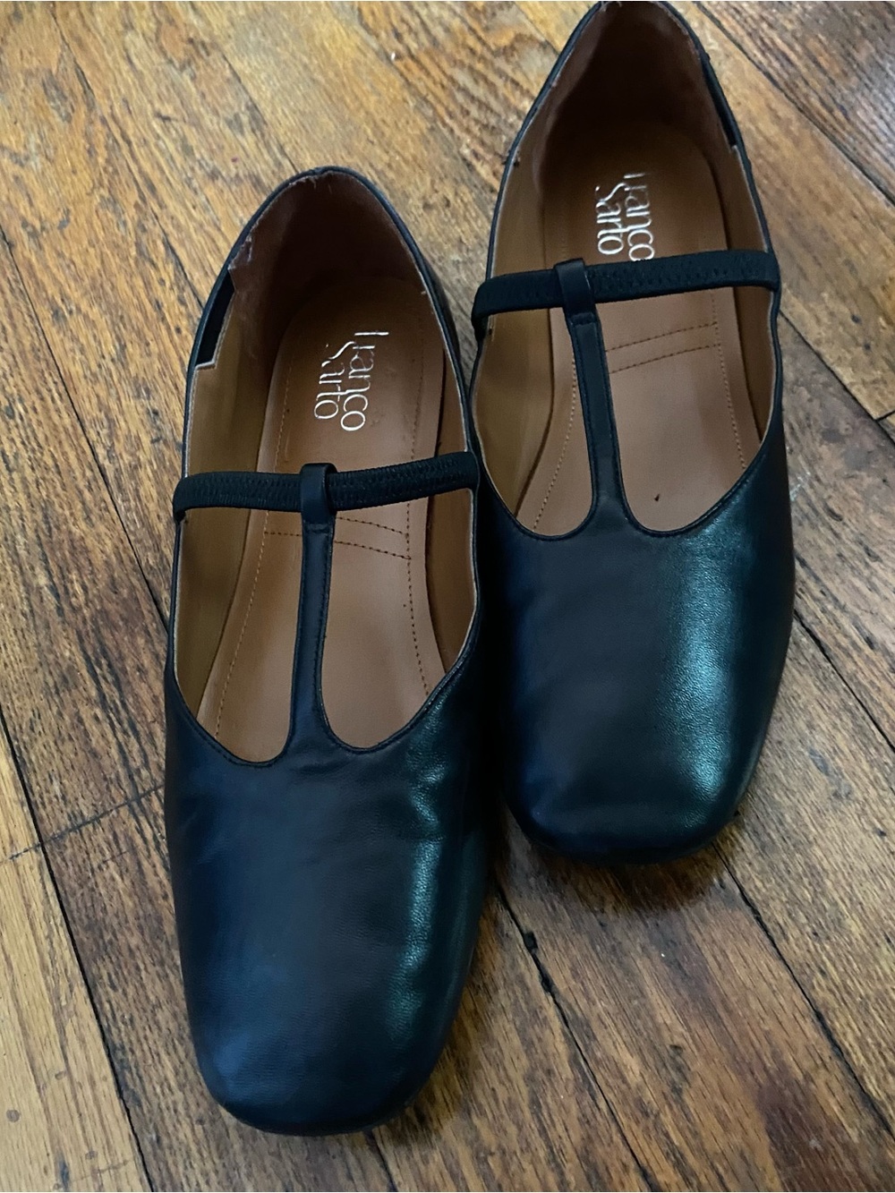 Franco Sarto Black Leather T-Strap Ballet Flats